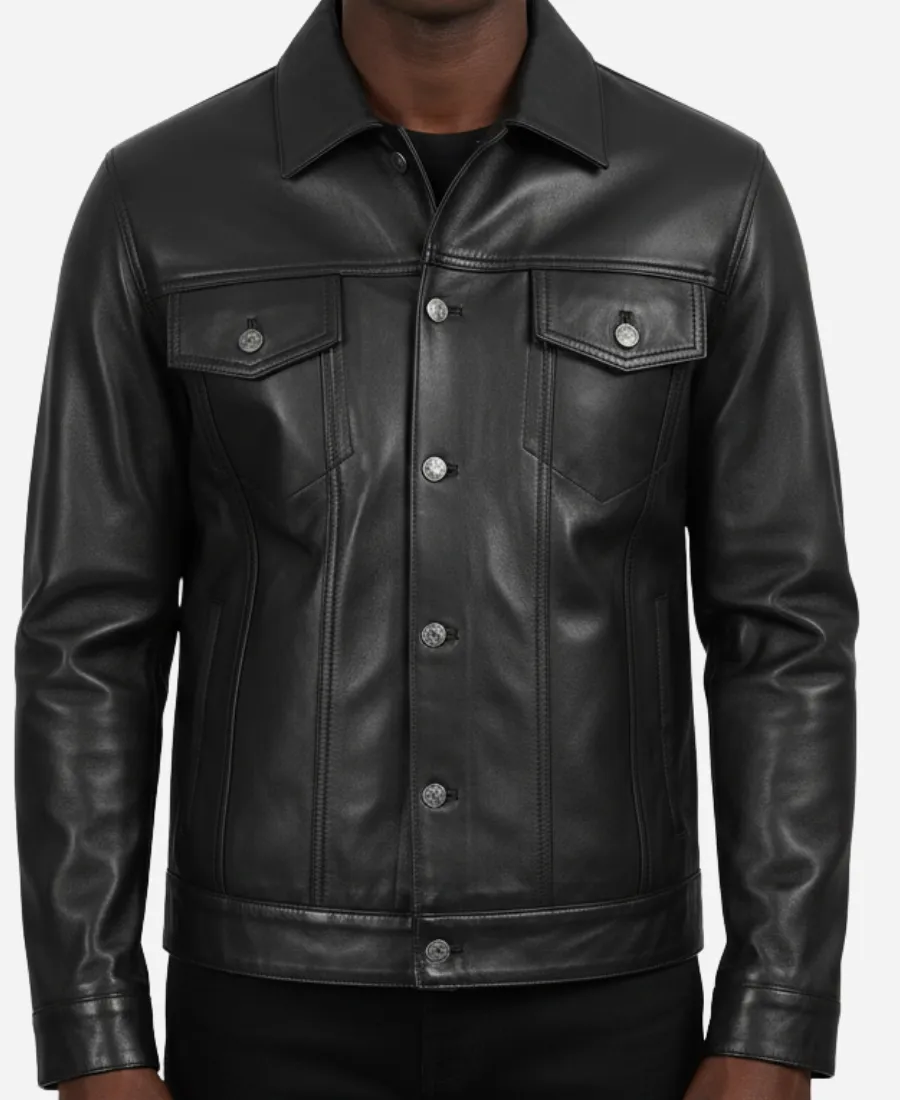 Classic-Black-Leather-Trucker-Jacket.webp Classic Black Leather Trucker Jacket - Image 1