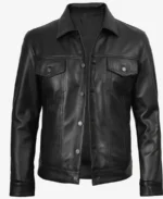 Classic Black Leather Trucker Jacket - Image 3