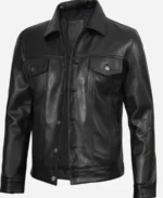 Classic Black Leather Trucker Jacket - Image 5