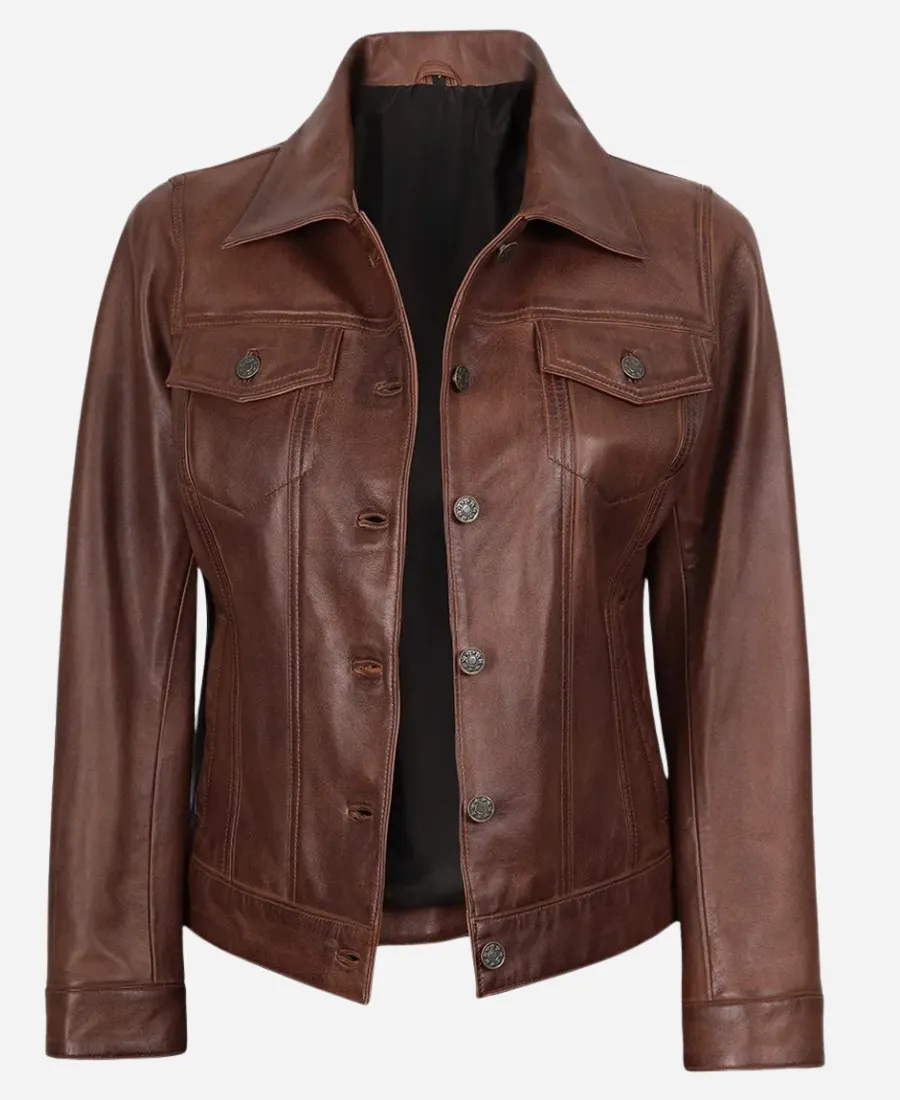 Cognac-Brown-Trucker-Leather-Jacket-for-Women.webp Women Cognac Trucker Leather Jacket - Image 1