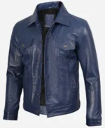Men Blue Waxed Leather Trucker Jacket - Image 7