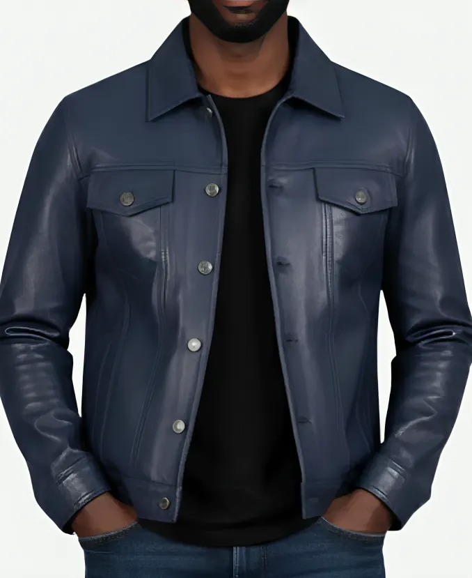 Men-Blue-Waxed-Leather-Trucker-Jacket-1.webp Men Blue Waxed Leather Trucker Jacket - Image 1
