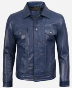 Men Blue Waxed Leather Trucker Jacket - Image 5