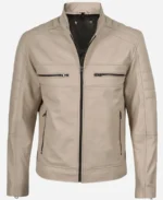 Moto Biker Beige Leather Jacket - Image 3