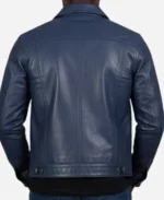Men Blue Waxed Leather Trucker Jacket - Image 2