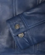 Men Blue Waxed Leather Trucker Jacket - Image 4