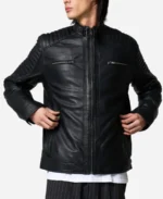 Men Quilted Shoulders Leather Racer Jacket - Image 3