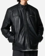 Men Quilted Shoulders Leather Racer Jacket - Image 4