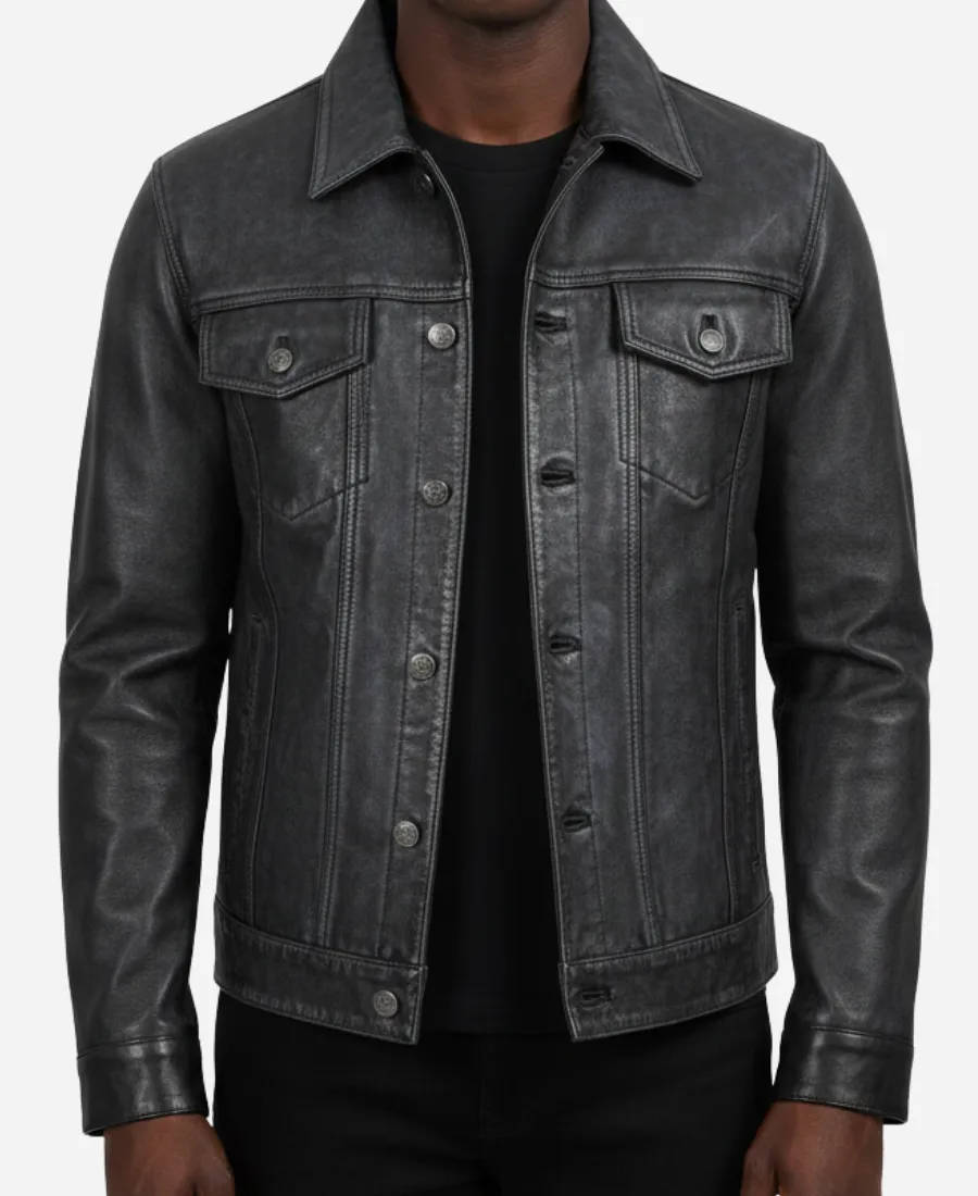 Stylish-Washed-Leather-Trucker-Jacket.webp Stylish Washed Leather Trucker Jacket - Image 1