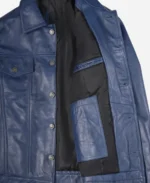 Men Blue Waxed Leather Trucker Jacket - Image 3