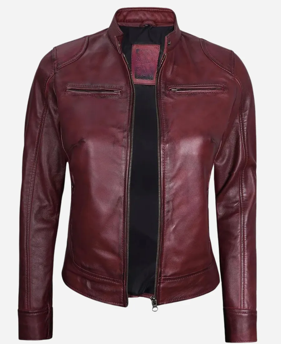 Women-Biker-Leather-Jacket-Burgundy.webp Women Burgundy Biker Style Jacket - Image 1