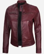 Women Burgundy Biker Style Jacket - Image 3
