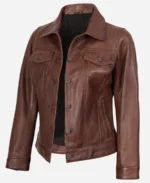 Women Cognac Trucker Leather Jacket - Image 3