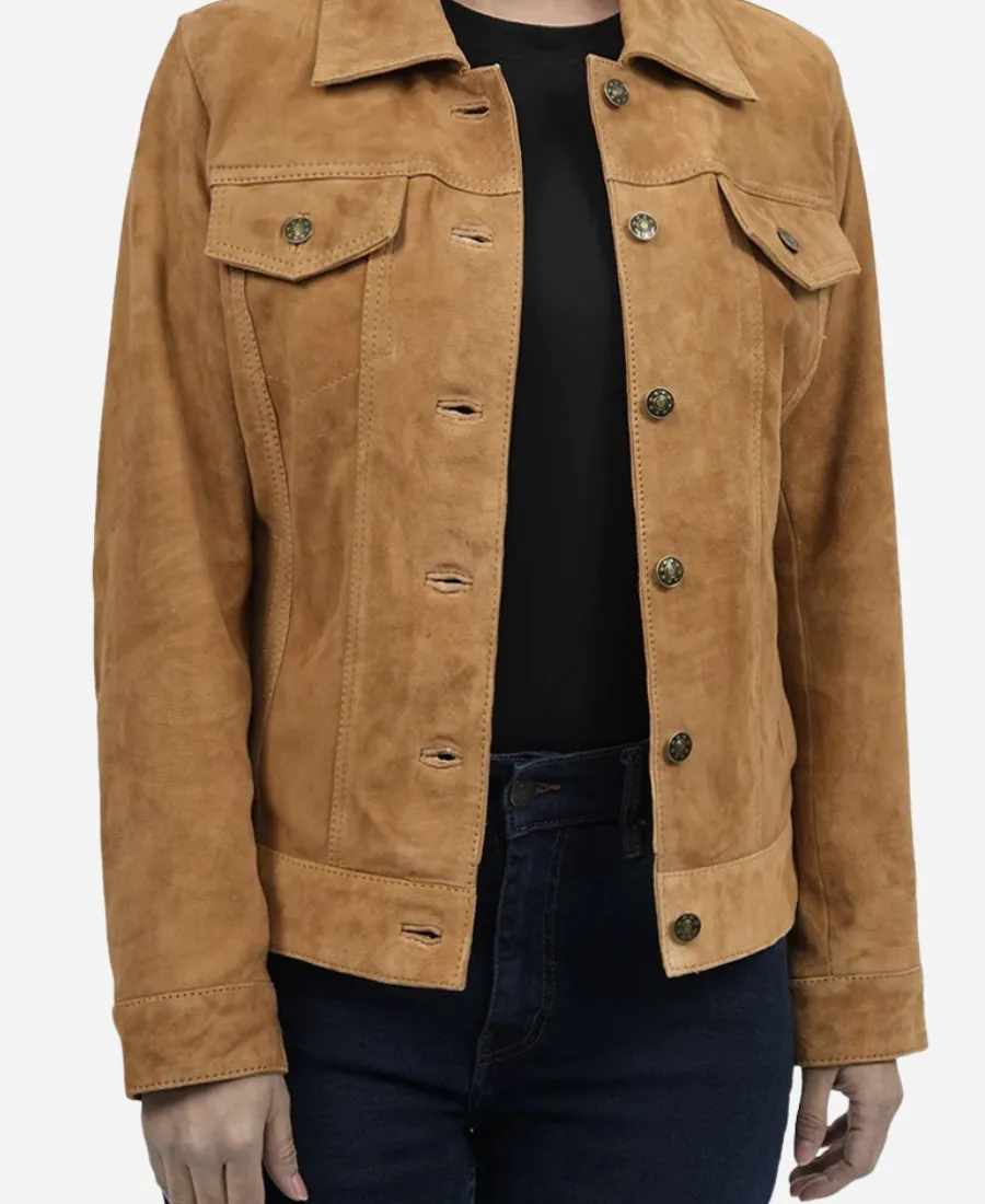 Women-Light-Brown-Suede-Trucker-Jacket-Sale.webp Women Suede Trucker Jacket - Image 1