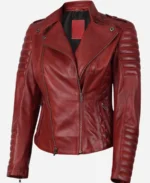 Women Red Leather Biker Style Jacket - Image 2