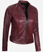 Women Burgundy Biker Style Jacket - Image 4
