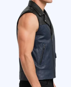 Men’s Asymmetric Zipper Two Tone Blue Leather Vest