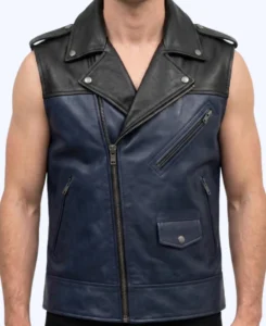 Men’s Asymmetric Zipper Two Tone Leather Vest in Blue