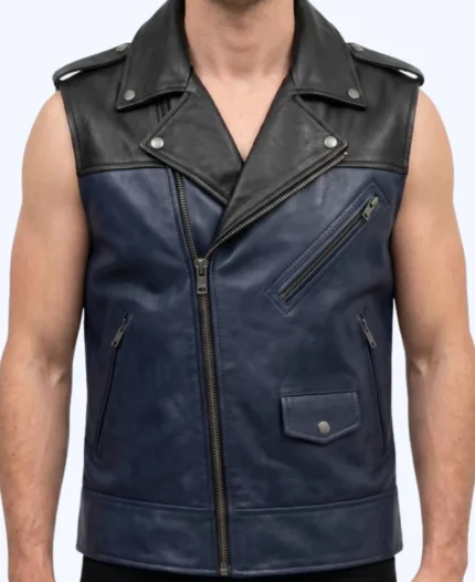 Men’s Asymmetric Zipper Two Tone Leather Vest in Blue