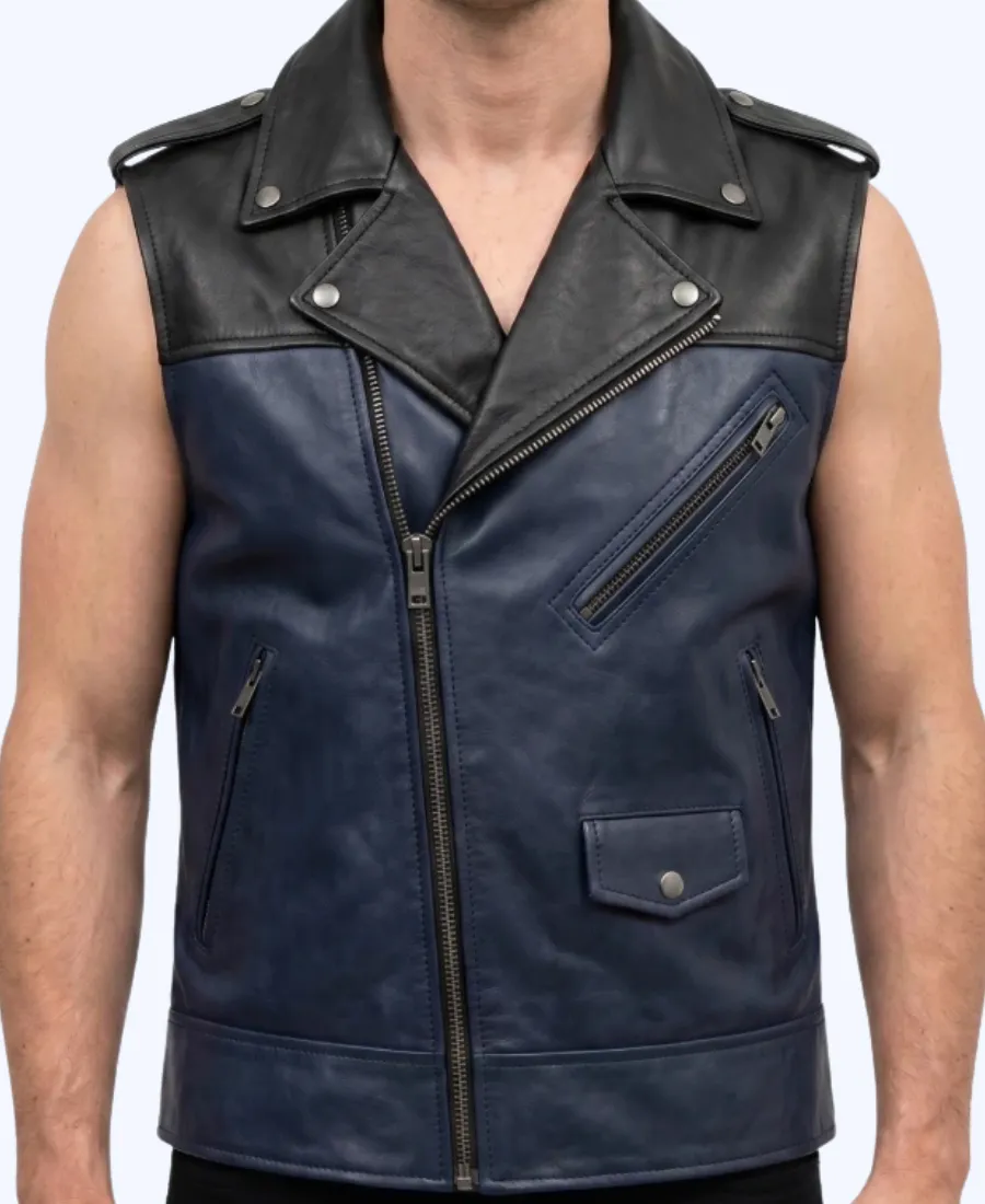 Men’s Asymmetric Zipper Two Tone Leather Vest Men’s Asymmetric Zipper Two Tone Leather Vest in Blue