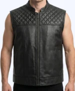 Men’s Quilted Shoulder Biker Leather Vest In Black