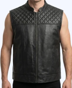 Men’s Quilted Shoulder Biker Leather Vest In Black