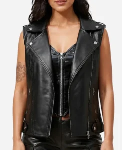 Women Black Leather Biker Vest