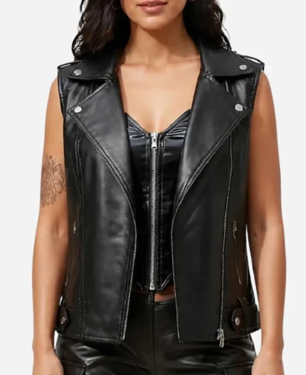 Women Black Leather Biker Vest