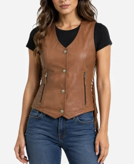 Women Brown Fringed Leather Vest